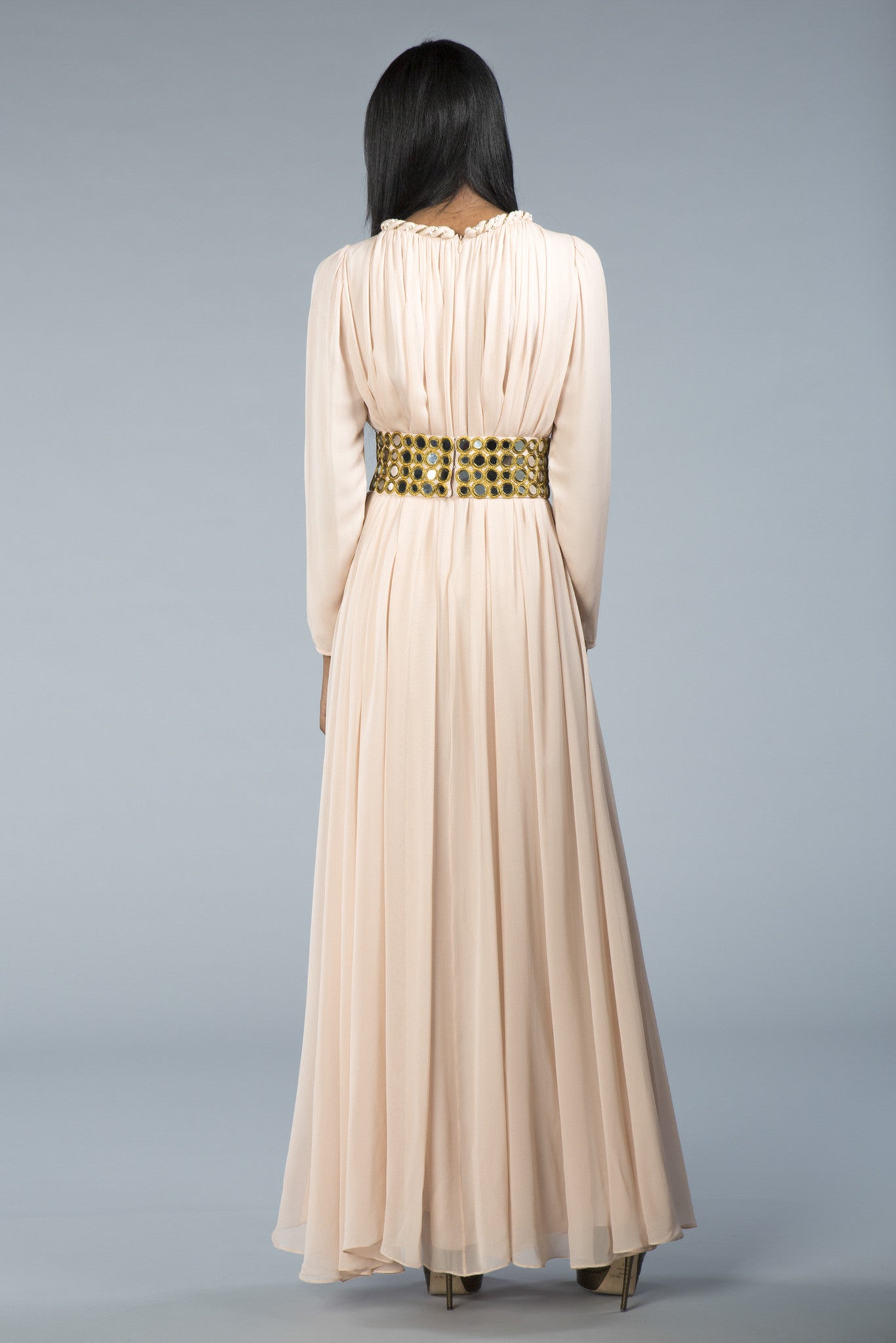Light flowing gown, slit sleeves, embellished neck and belt with glass