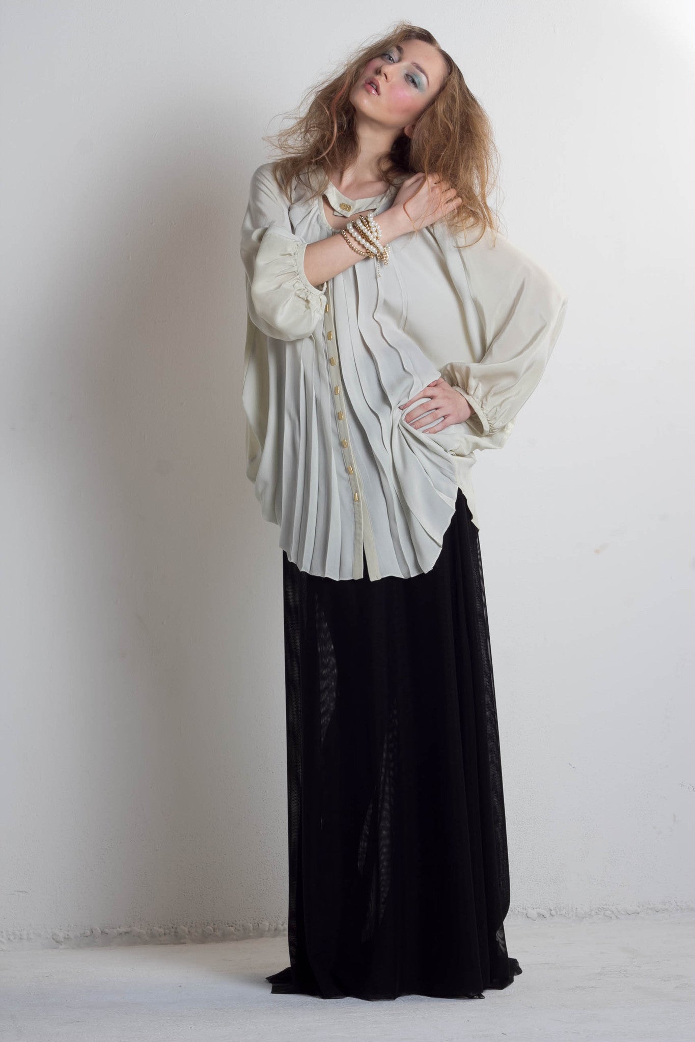 Off white, hand pleated, draped, silk, pretty, edgy flowing blouse