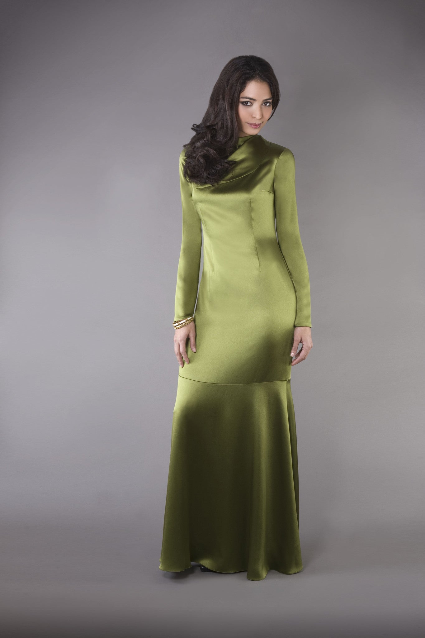 Elegant, long-sleeved modest hijab friendly olive green satin column gown with pleated draped neckline detailing.
