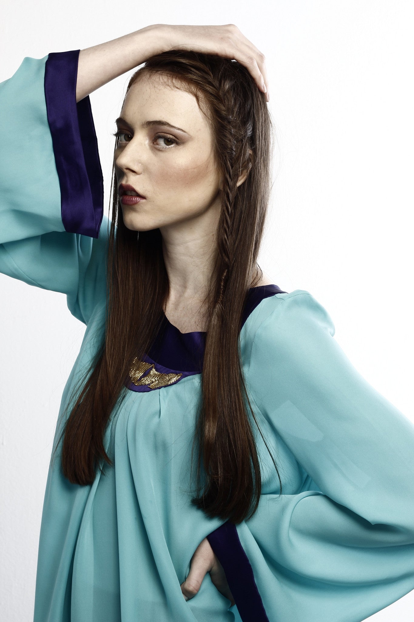 Silk blouse, color-blocked, long, blue, pleated, modest and elegant