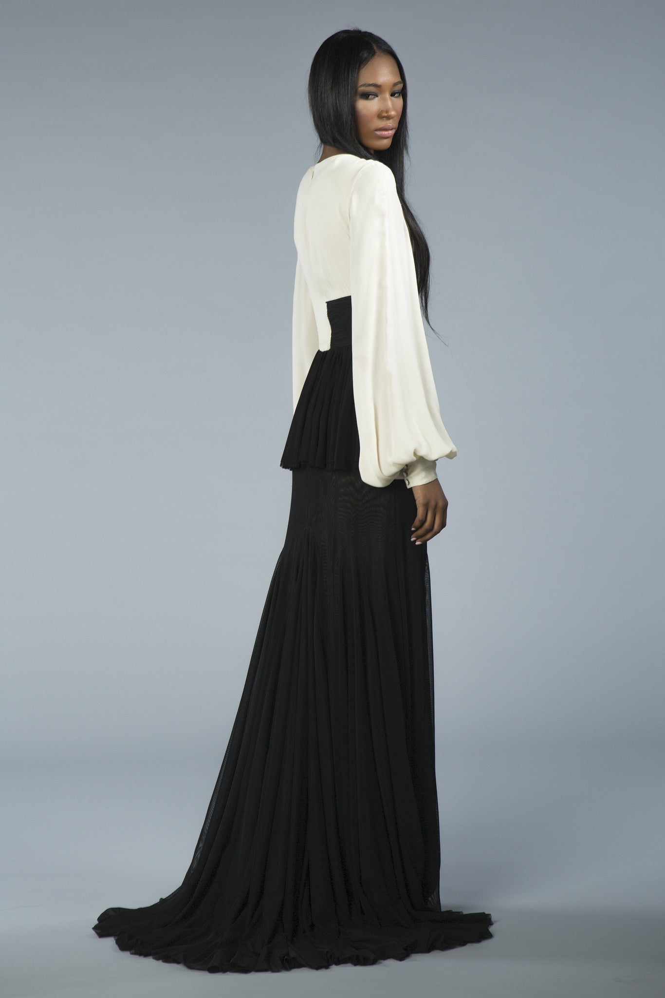  Silk and nylon mesh black and white modest bridal or evening wear long and elegant peplum gown  
