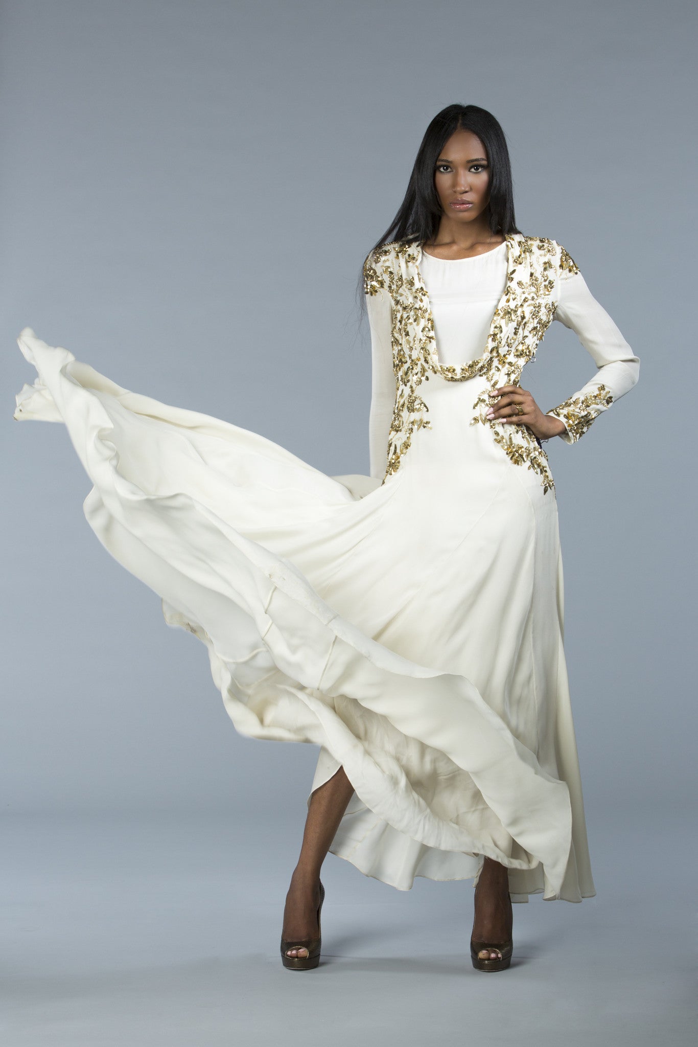 Nzinga Knight | Long, silk, contouring hand embroidery modest gown NZINGA KNIGHT NEW YORK Nzinga Knight | Long, silk, contouring hand embroidery modest gown NZINGA KNIGHT NEW YORK