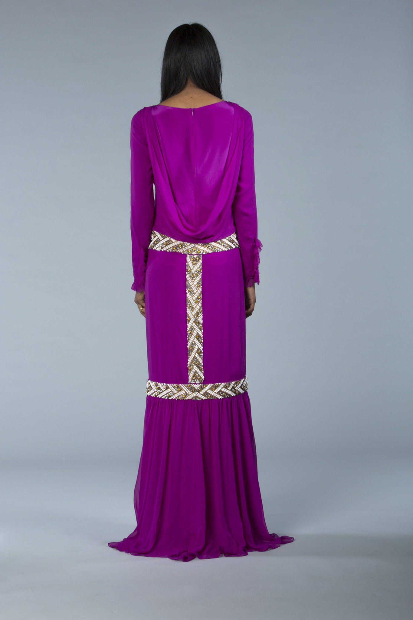 hand-embroidered, silk chiffon, draped (the cowl back), slightly dropped waist column gown 