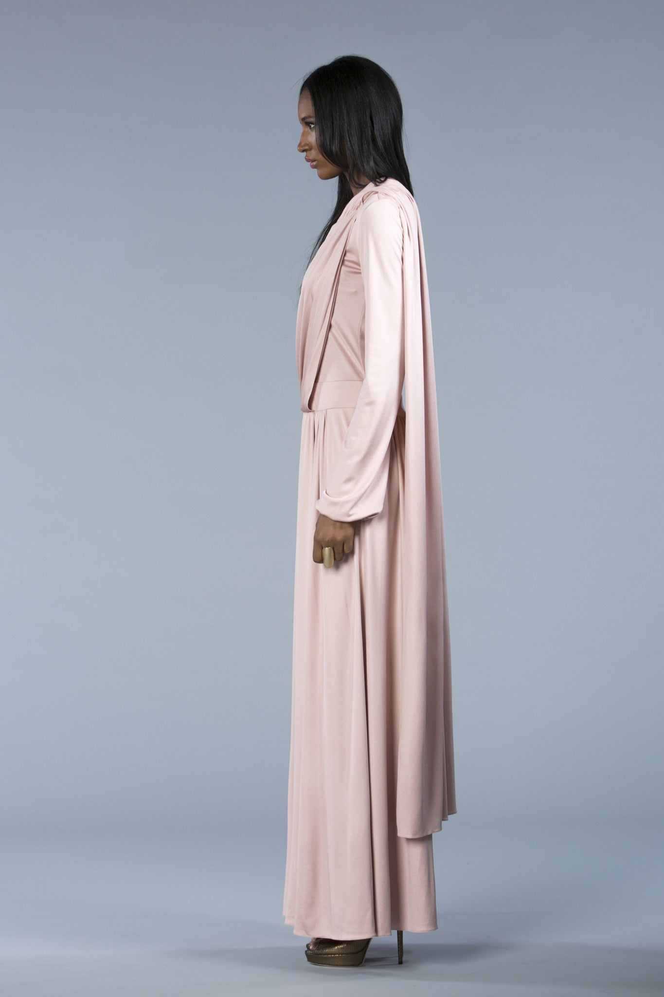 Long draped silk dress, elegant, versatile. Hijab option. Modest